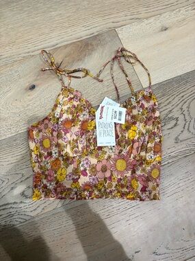 Patrons of Peace Floral Tie Strap Crop Top in Pink & Yellow